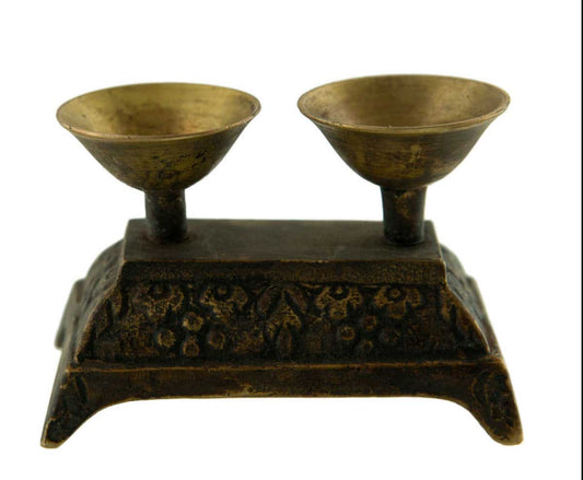 Lampe à beurre bouddhiste double en laiton – Dipa de monastère pour offrande de lumière