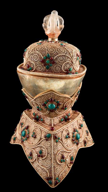 Grand Kapala Crâne Tibétain avec Support – Cuivre et Cristal de Roche, Artisanat Népalais