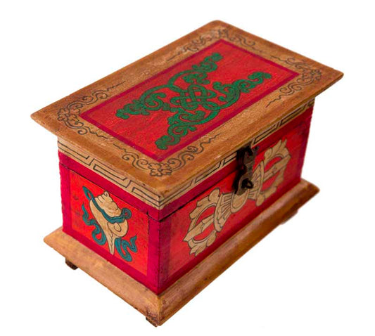 Coffret bouddhiste tibétain en bois peint – artisanat traditionnel du Népal