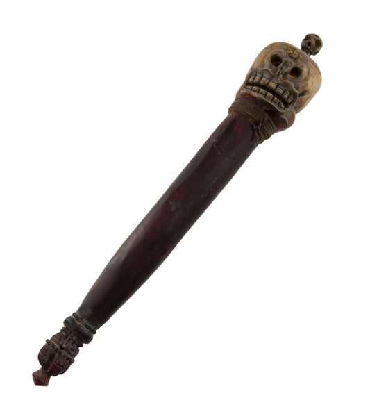 Khatvanga Tibétain en Bois et Os de Bovin – Petit Sceptre Rituel Bouddhiste Tantrique