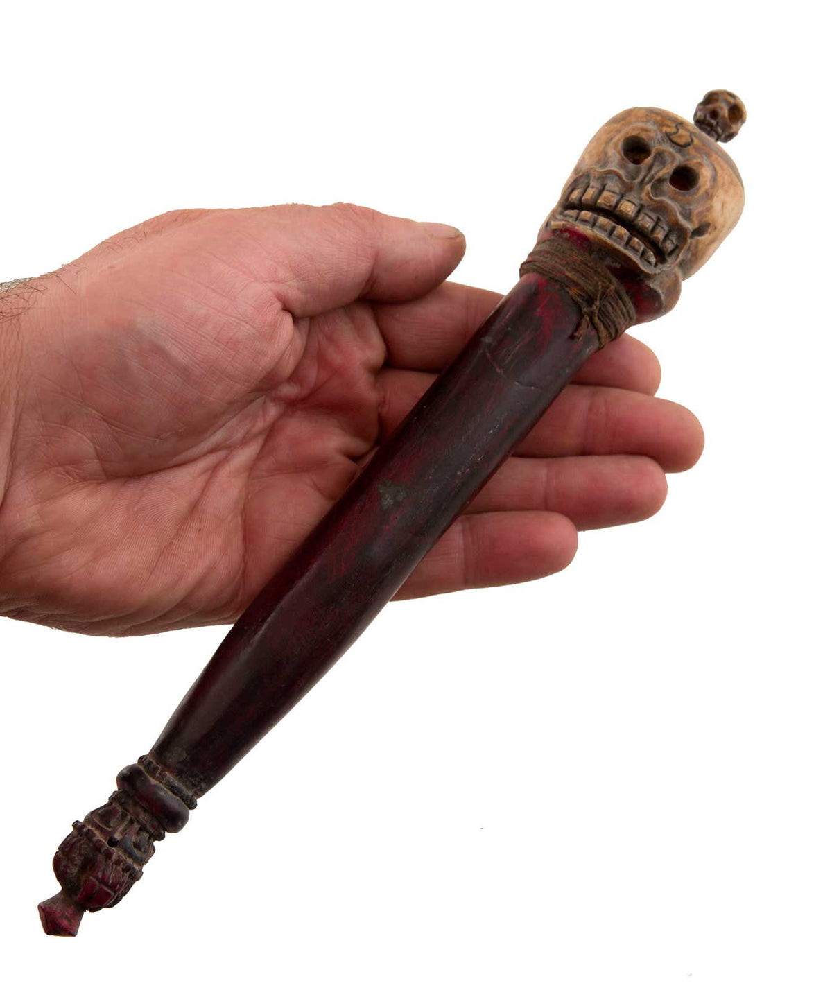 Khatvanga Tibétain en Bois et Os de Bovin – Petit Sceptre Rituel Bouddhiste Tantrique