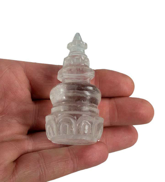 Stupa Bouddhiste Tibétain En Cristal De Roche Quartz – Sculpture Sacrée Du Népal