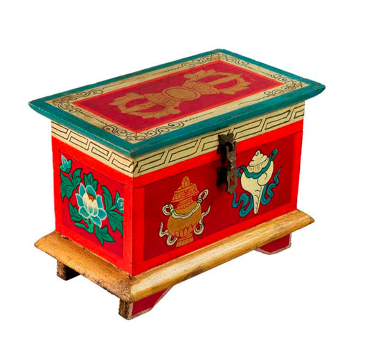 Coffret bouddhiste tibétain en bois peint – artisanat traditionnel du Népal