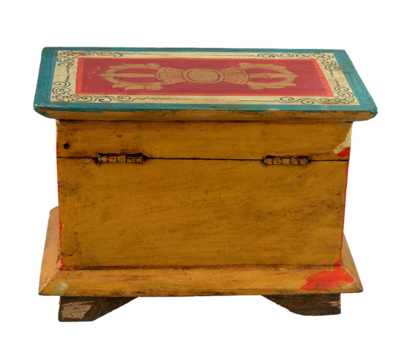 Coffret bouddhiste tibétain en bois peint – artisanat traditionnel du Népal