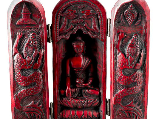 Autel de voyage bouddhiste triptyque 20 cm – sanctuaire portatif en résine sculptée