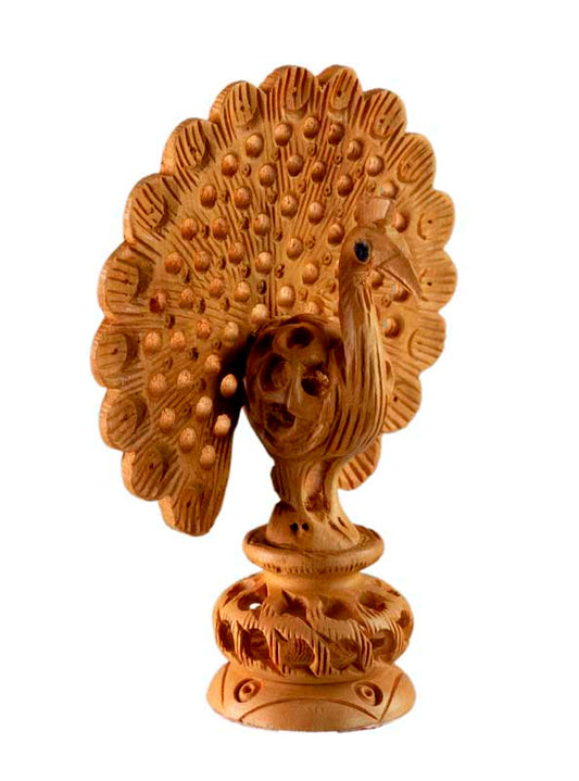 Statuette Paon en Bois Sculpté – Artisanat Indien