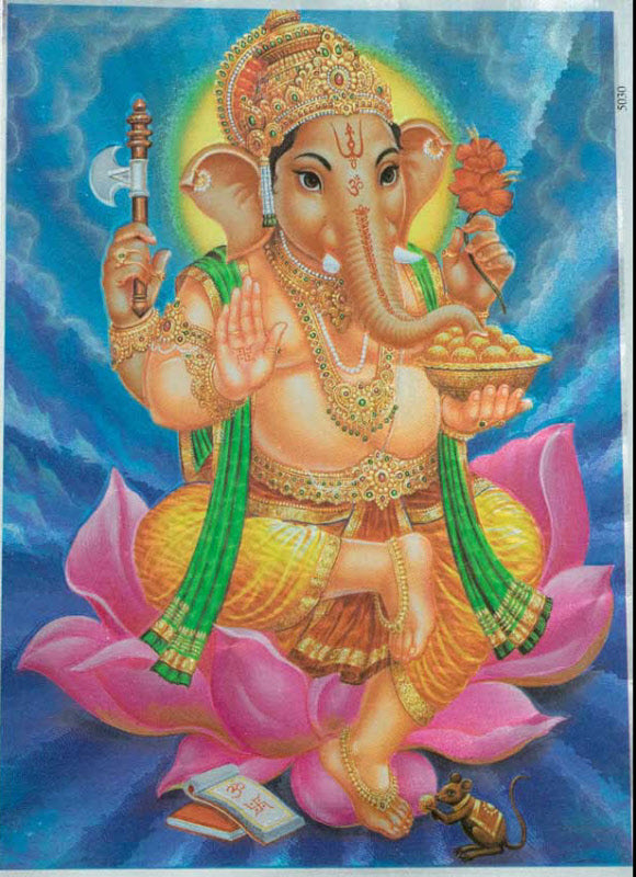 Carte Indienne Ganesh Assis Sur Un Lotus – Reflets Métalliques Bleus