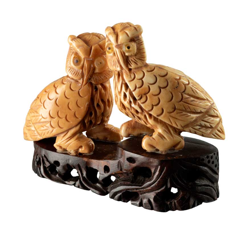 Figurine Couple De Chouettes En Os Sculpté – Artisanat Chinois