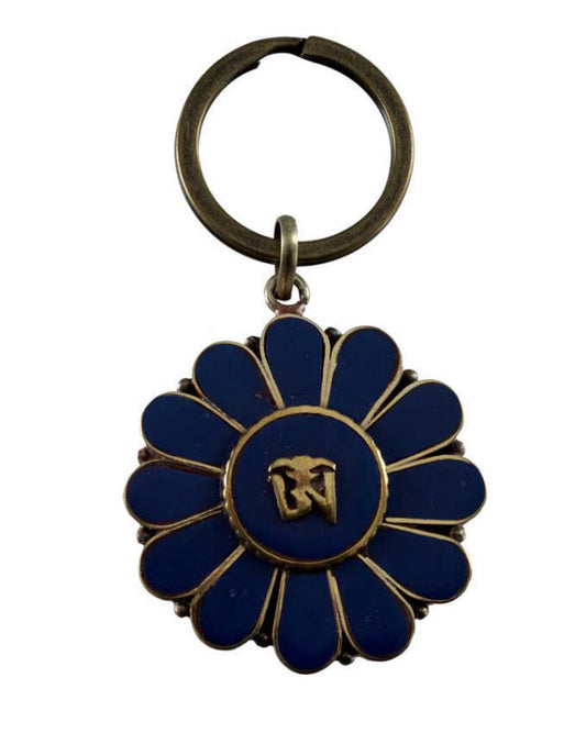 Porte-Clé Om Bouddhiste en Laiton et Résine Bleue – Artisanat Népalais
