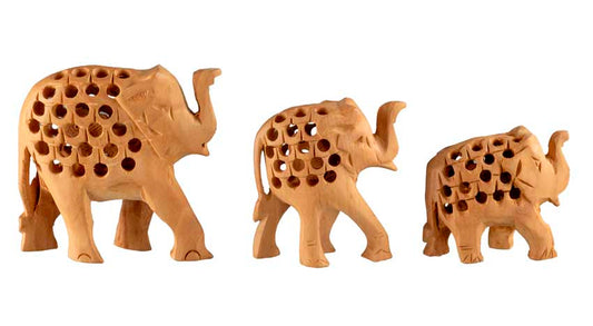 Trio De Statuettes Éléphant En Bois – Artisanat Indien