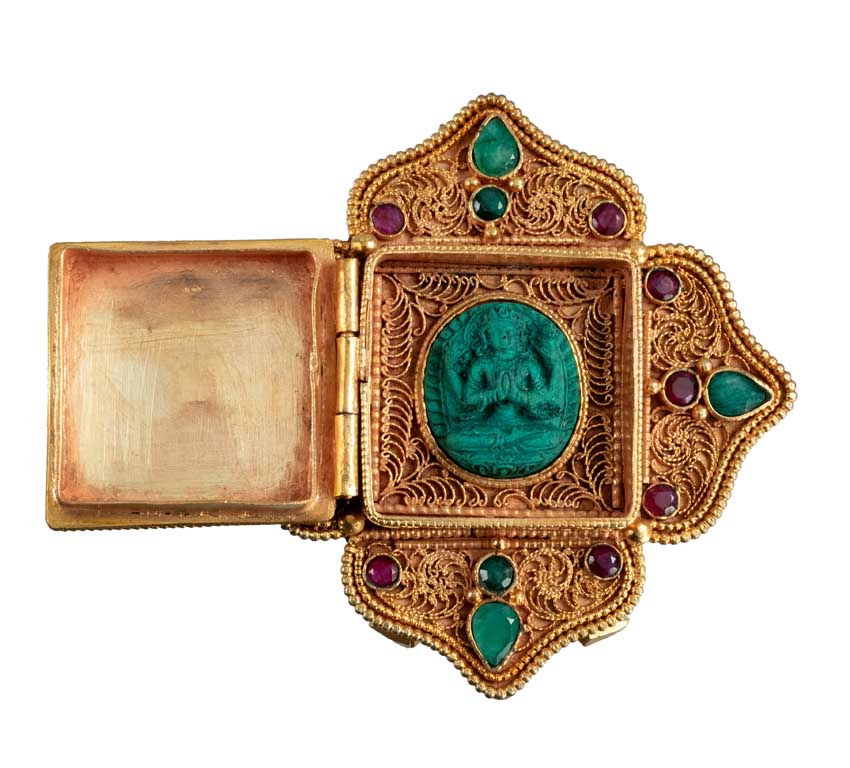 Ghau tibétain – reliquaire bouddhiste Avalokitesvara en alliage de cuivre
