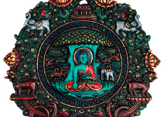 Plaque Bouddha Shakyamuni en Résine Turquoise 21,5 cm – Décoration Murale Népal