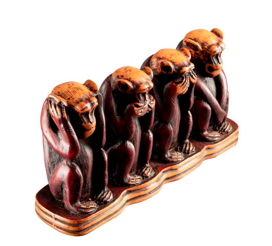 4 Singes de la Sagesse en Résine Bordeaux et Beige – Népal – Les Trois Singes De La Sagesse