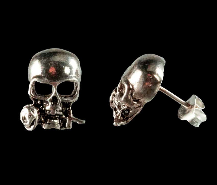 Boucles d’Oreilles Tête de Mort avec Rose en Argent 925