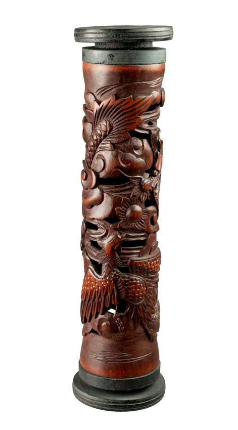 Brûleur d’encens en tube de bambou sculpté – dragon et phénix