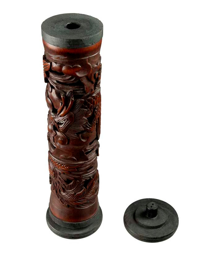 Brûleur d’encens en tube de bambou sculpté – dragon et phénix