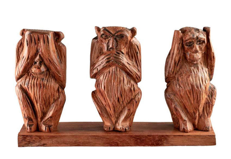 3 Singes de la Sagesse en Bois Marron avec Socle – Artisanat Africain