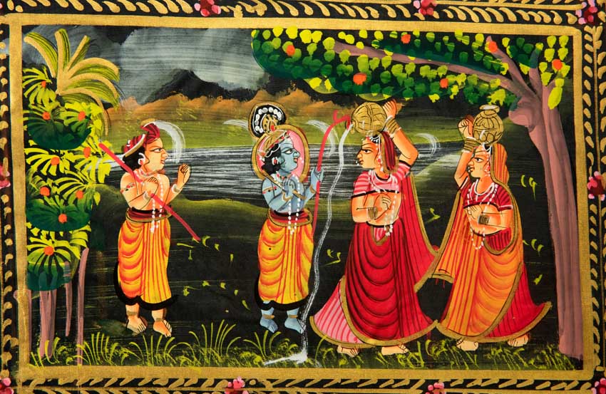 Peinture Pichwai Miniature Indienne – Radha Krishna et Gopis