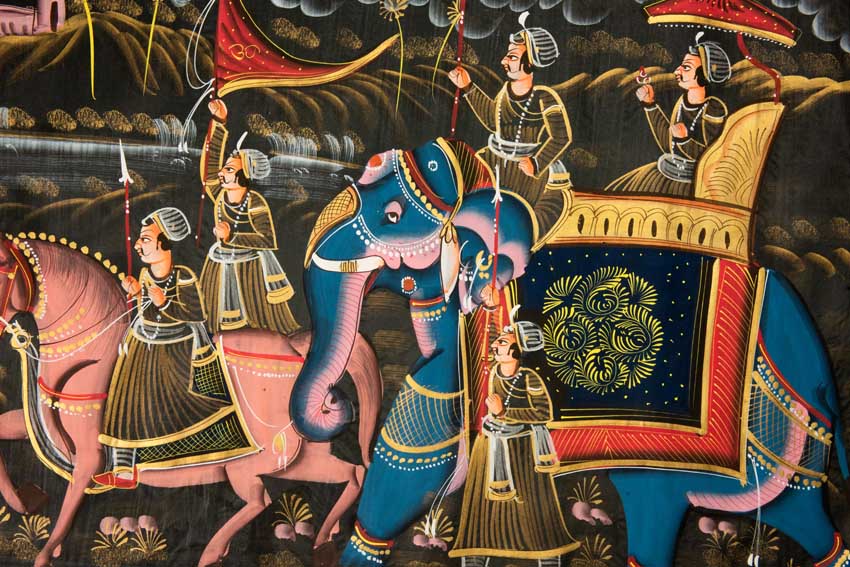 Peinture Rajput Miniature Indienne – Chasse Royale à Dos d’Éléphant