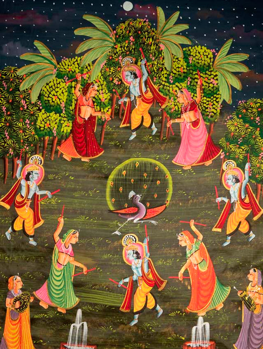 Peinture Pichwai Miniature Indienne – Radha Krishna et Danse du Paon