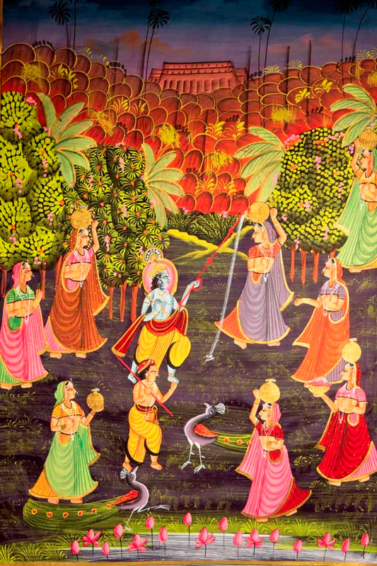 Peinture Pichwai Miniature Indienne – Radha Krishna et Paon