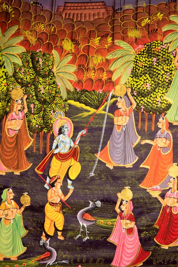 Peinture Pichwai Miniature Indienne – Radha Krishna et Paon