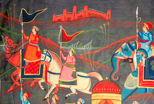 Peinture Rajput Miniature Indienne – Scène de Chasse Royale à Dos d’Éléphant