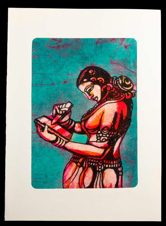 Carte Artisanale Batik Femme Indienne Au Bol Chantant – Décoration Murale En Coton