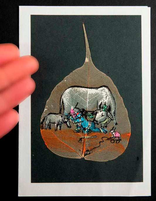 Carte Artisanale Peinture Sur Feuille De Pipal – Bébé Shiva Et Gao Mata