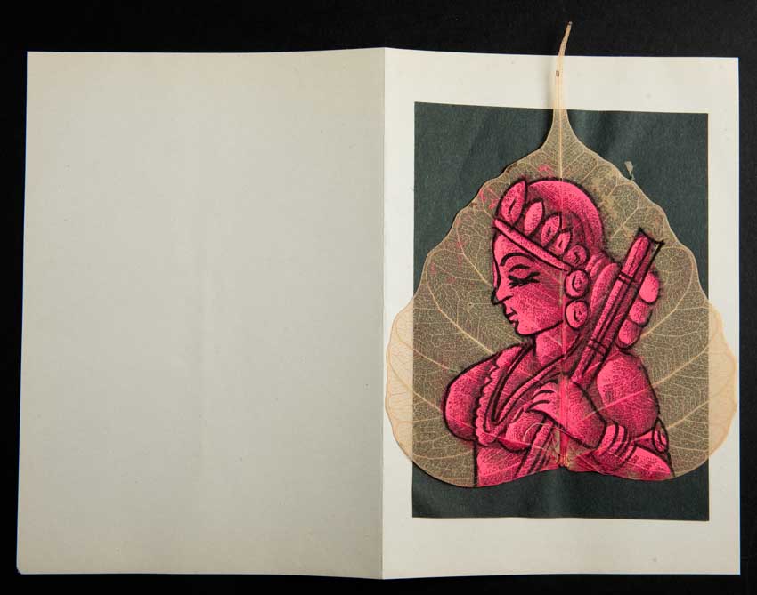 Carte Artisanale Femme Indienne À La Veena – Peinture Sur Feuille De Pipal