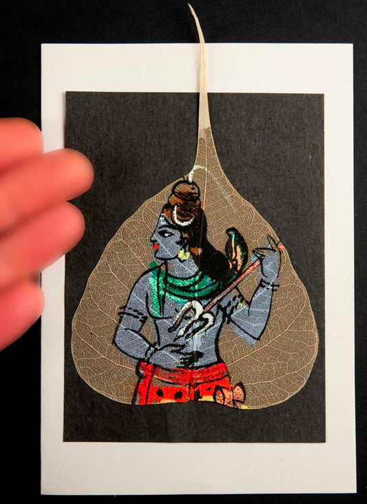 Carte Artisanale Shiva Et Trident – Peinture Sur Feuille De Pipal