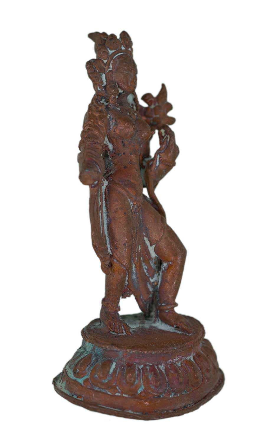 Ancienne Amulette Statuette Tara Verte Tibétaine en Alliage de Cuivre