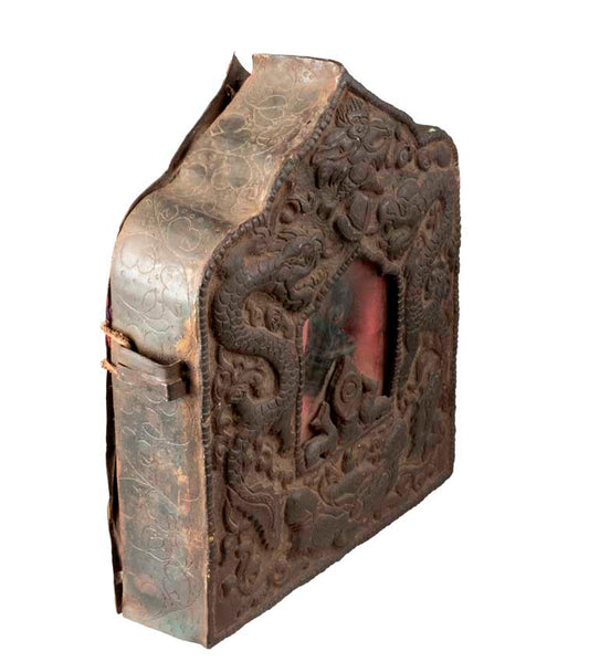 Ghau tibétain – reliquaire bouddhiste Bouddha Médecine en fer repoussé (21 cm)