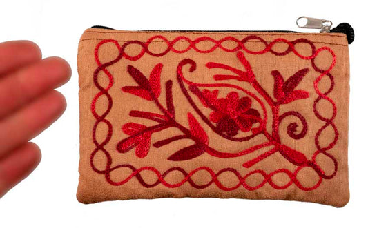 Pochette Trousse – Porte-Monnaie Brodé Fleurs sur Fond Marron Clair – Népal
