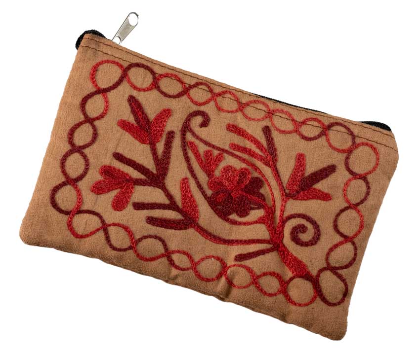 Pochette Trousse – Porte-Monnaie Brodé Fleurs sur Fond Marron Clair – Népal
