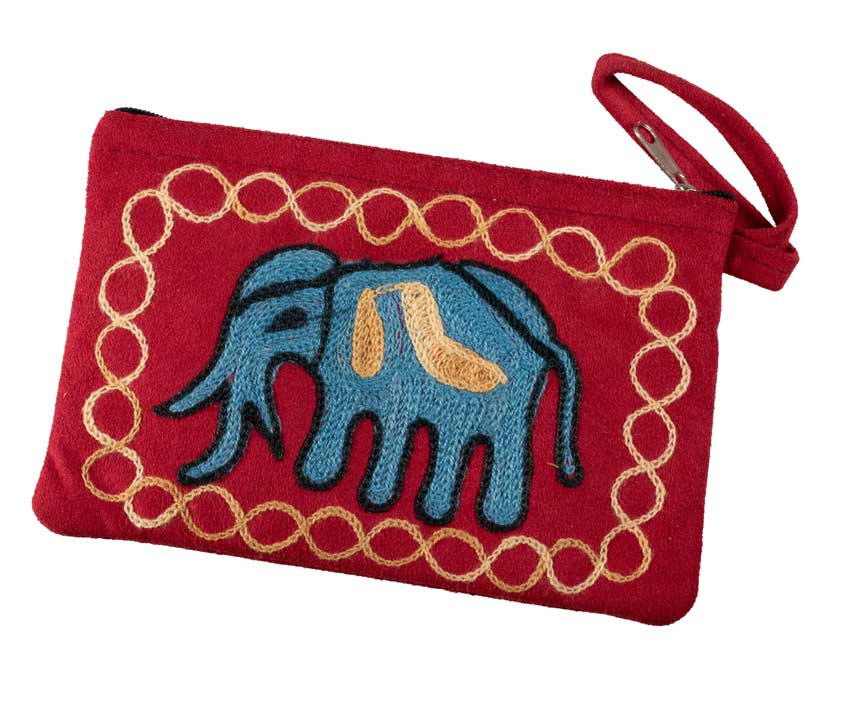 Petit Porte-Monnaie Brodé Éléphant Bleu sur Fond Rouge