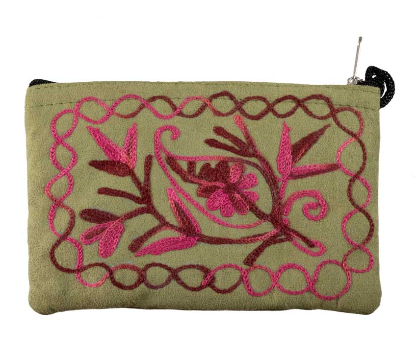 Porte-Monnaie Brodé Fleurs Roses et Mauves sur Fond Vert – Artisanat Népalais