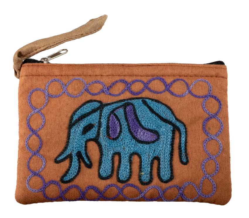 Porte-Monnaie Brodé Éléphant Bleu sur Fond Marron – Népal