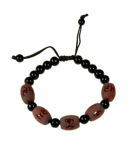 Bracelet mala perles en pierre naturelle agate brune et verre – Mantra Om Mani Padme Hum