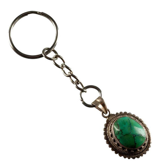 Bijou de Sac Cabochon Bleu Turquoise – Porte-Clé en Métal du Népal