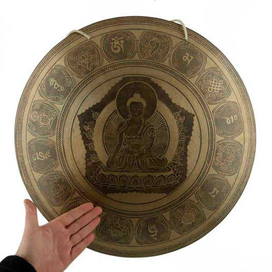 Gong Tibétain Bouddhiste Buddha Shakyamuni 52,5 cm Gravé - Huit Symboles Auspicieux du Népal