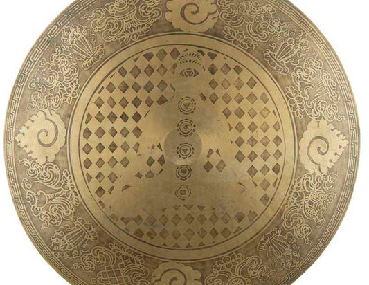 Gong Tibétain Bouddhiste Huit Symboles Auspicieux Gravé du Népal