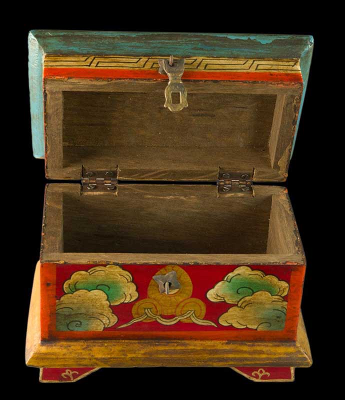 Boîte tibétaine en bois peint – Vajra et nœud glorieux, artisanat du Népal 20 cm