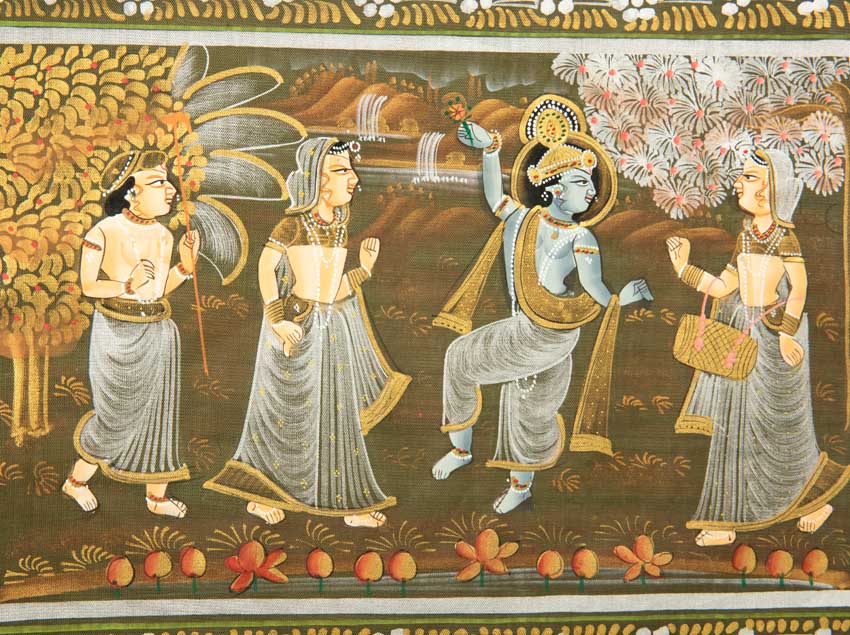 Peinture Moghole Krishna et Radha Dansant 39 cm – Artisanat Indien Fait Main