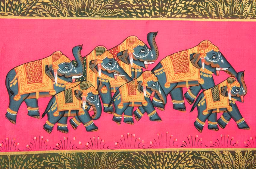 Peinture Moghole Éléphant Royal 39 cm – Artisanat Indien Fait Main
