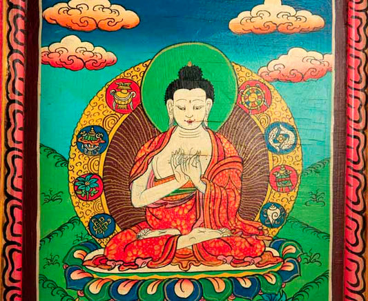 Thangka Bouddha Vairochana – Enseignement Peinture Sur Bois Artisanat Népalais