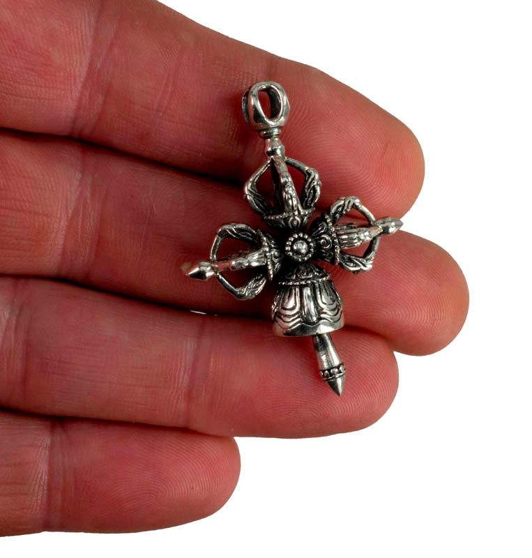 Pendentif Bouddhiste Cloche et Double Dorje Vajra en Argent 925