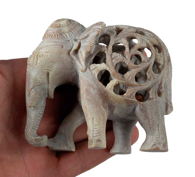 Statuette Éléphant Trompe En L’Air En Stéatite – Avec Éléphanteau – Artisanat Indien