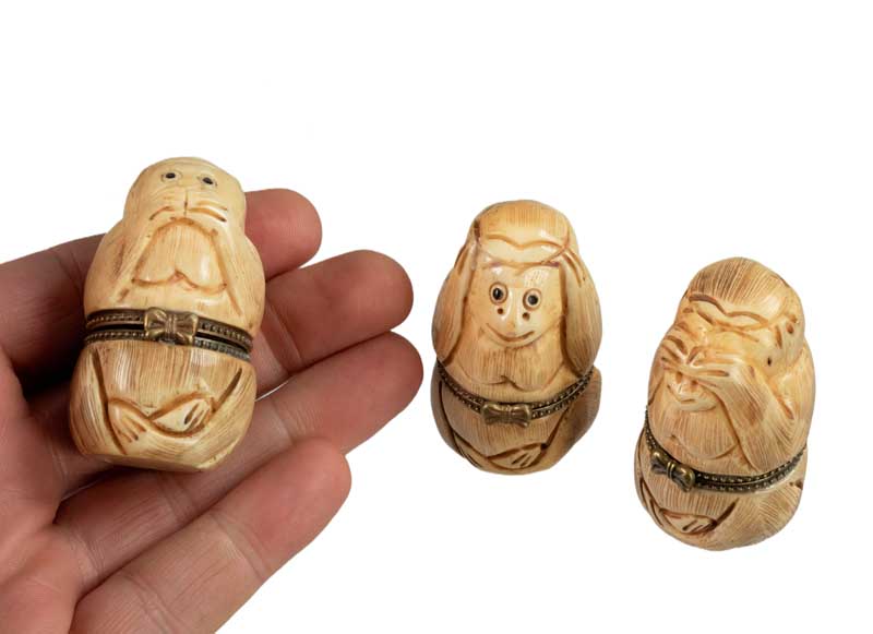 3 Singes De La Sagesse En Os – Boîte De 3 Figurines Artisanat Chinois