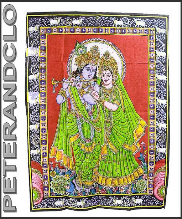 Batik Krishna et Radha avec Strass Dorés – Tenture Murale en Coton Artisanale